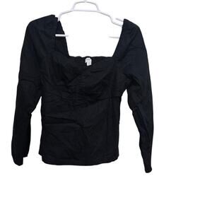 J Crew Factory Black Smocked Square Neck Puff Sleeve Top 2